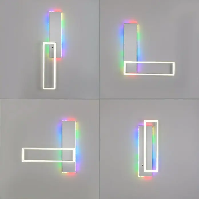Just Light LED-Deckenleuchte RENDA - 35 W, L x B x H: 91 x 56 x 6 cm, Aluminium, Mehrfarbig - Verschiedene Ansichten der RGB Wandleuchte mit zwei Rechtecken in unterschiedlichen Anordnungen auf grauem Hintergrund.