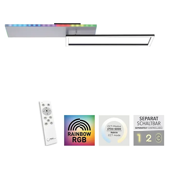 Just Light LED-Deckenleuchte RENDA - 35 W, L x B x H: 91 x 56 x 6 cm, Aluminium, Mehrfarbig - Moderne LED-Deckenleuchte mit RGB-Farbwechsel und Fernbedienung. Helligkeit und Farbtemperatur sind anpassbar für eine individuelle Lichtatmosphäre.