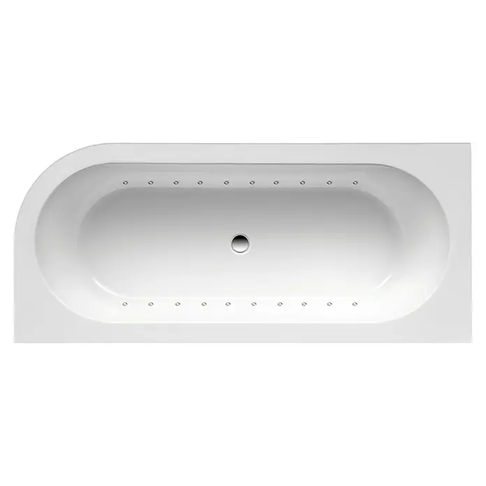 Ottofond Whirlpool Siesta Corner178 x 78 cm, Sanitäracryl, Weiß, Light, Rechtsseitig - Draufsicht auf eine weiße Whirlpool-Badewanne mit runden Düsen und einem Abfluss in der Mitte. Eine moderne und entspannende Badezimmerausstattung.