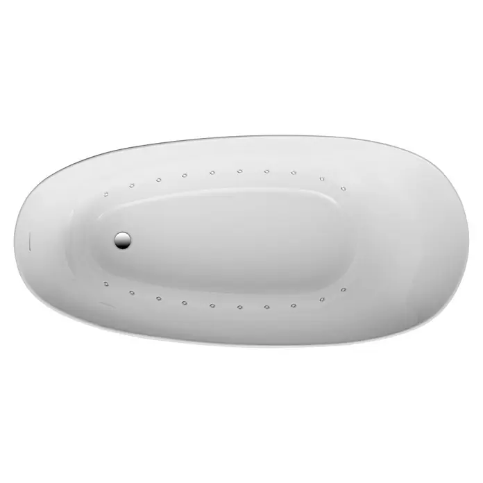 Ottofond Whirlpool Domani - 180 x 85 cm, Sanitäracryl, Rot/Weiß, Light - Aufsicht auf eine ovale Whirlpool-Badewanne mit Düsen und einem chromfarbenen Abfluss.