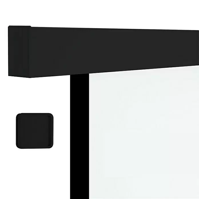 Diamond Doors Black Edition Schiebetür-Komplettset Edge - 935 x 2.058 mm, Weiß, Schwarz, Wabe - Schwarzes Anzeigesystem mit einer weißen Platte und einem abgerundeten quadratischen Zubehörteil.
