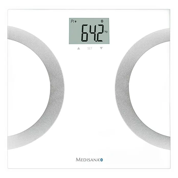 Digitale Personenwaage BS 445 - 30 x 30 x 2,3 cm, Metall, Weiß - Digitale Personenwaage von Medisana mit großem Display, das ein Gewicht von 64,2 kg anzeigt.