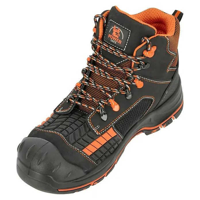 Sicherheitsstiefel Maddox - 41, Schutzklasse nach EN ISO 20345: S3, Schwarz, Orange - Dieser hochgeschnittene Power Safe Sicherheitsschuh bietet optimalen Schutz und Komfort bei der Arbeit.