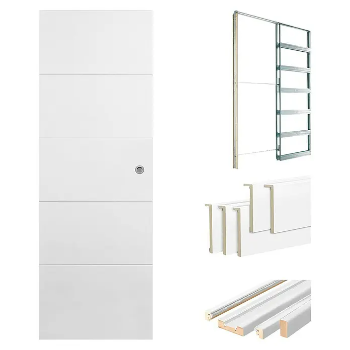Solid Elements Set para puertas correderas Mannheim con estructura - 72,5 x 203 cm, Blanco - Imagen de una puerta interior blanca con herrajes incluidos, con marco y molduras para instalación interior.