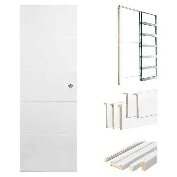 Solid Elements Set para puertas correderas Essen - 62,5 x 203 cm, Blanco, Específico para: Pared de yeso - Puerta interior blanca con accesorios. La puerta presenta un diseño moderno y minimalista adecuado para un hogar elegante.