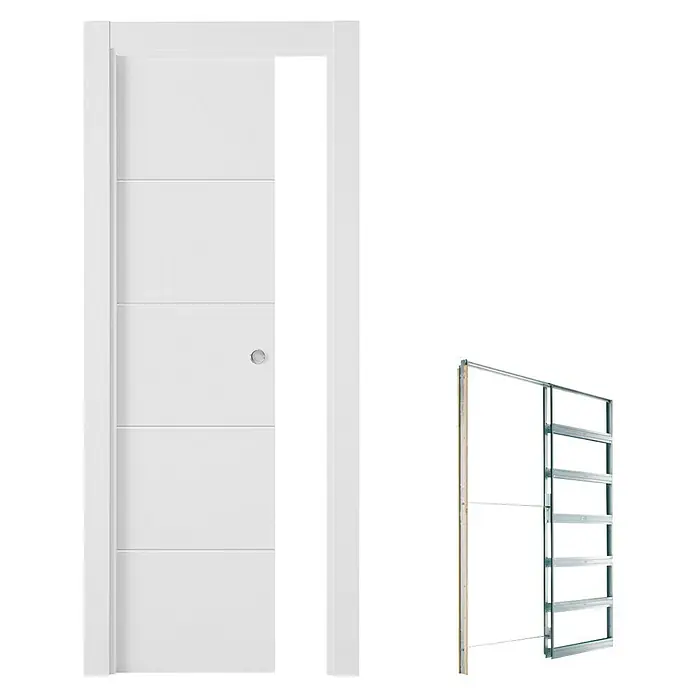 Set para puertas correderas Recife - 72,5 x 203 cm, Blanco, Específico para: Pared de yeso, Con uñero - Un elegante conjunto de puerta corredera blanca con un diseño moderno, incluyendo la hoja de la puerta y el marco de montaje correspondiente.