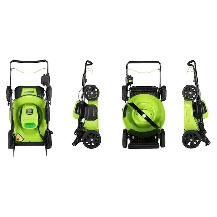 Greenworks 60V Akkusystem Akku-Rasenmäher GD60LM46SP - 60 V, 1 Akku, 4 Ah, Schnittbreite: 46 cm - Verschiedene Ansichten eines grünen Akku-Rasenmähers. Das Gerät ist mit einem stabilen Griff und großen Rädern für einfaches Manövrieren ausgestattet.