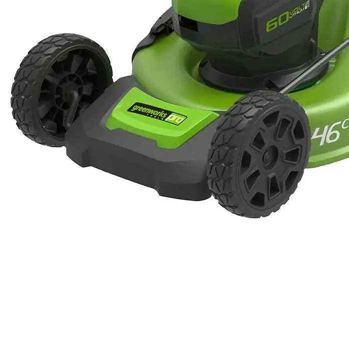 Greenworks 60V Akkusystem Akku-Rasenmäher GD60LM46SP - 60 V, 1 Akku, 4 Ah, Schnittbreite: 46 cm - Nahaufnahme eines Greenworks Pro Rasenmähers, der seine robuste Bauweise und sein effizientes Design für die Rasenpflege zeigt.
