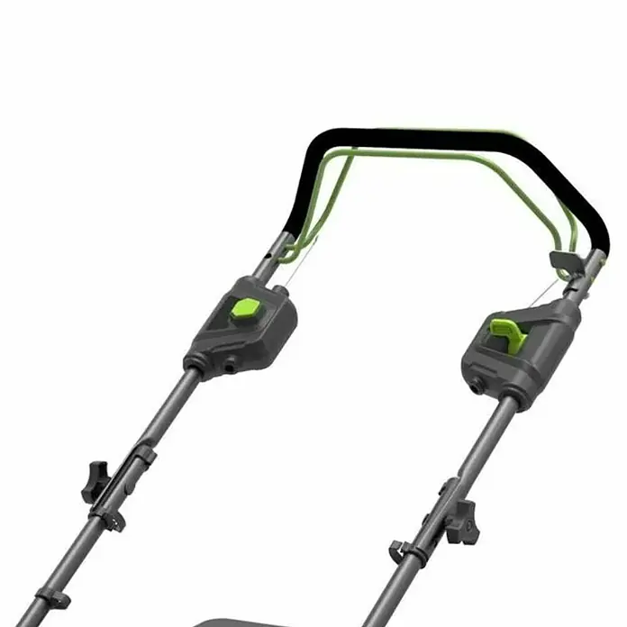 Greenworks 60V Akkusystem Akku-Rasenmäher GD60LM46SP - 60 V, 1 Akku, 4 Ah, Schnittbreite: 46 cm - Detailaufnahme des Griffs eines Rasenmähers. Der Griff ist ergonomisch geformt und verfügt über Bedienelemente für die Steuerung des Geräts.