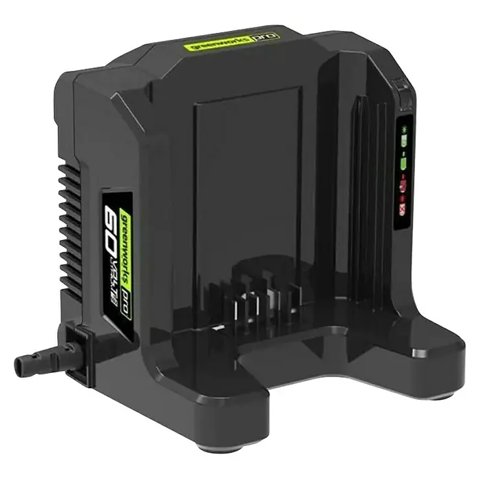 Greenworks 60V Akkusystem Akku-Rasenmäher GD60LM46SP - 60 V, 1 Akku, 4 Ah, Schnittbreite: 46 cm - Das Bild zeigt ein Greenworks Pro 60V Ladegerät in Schwarz, das für die effiziente Aufladung von Akkus entwickelt wurde.