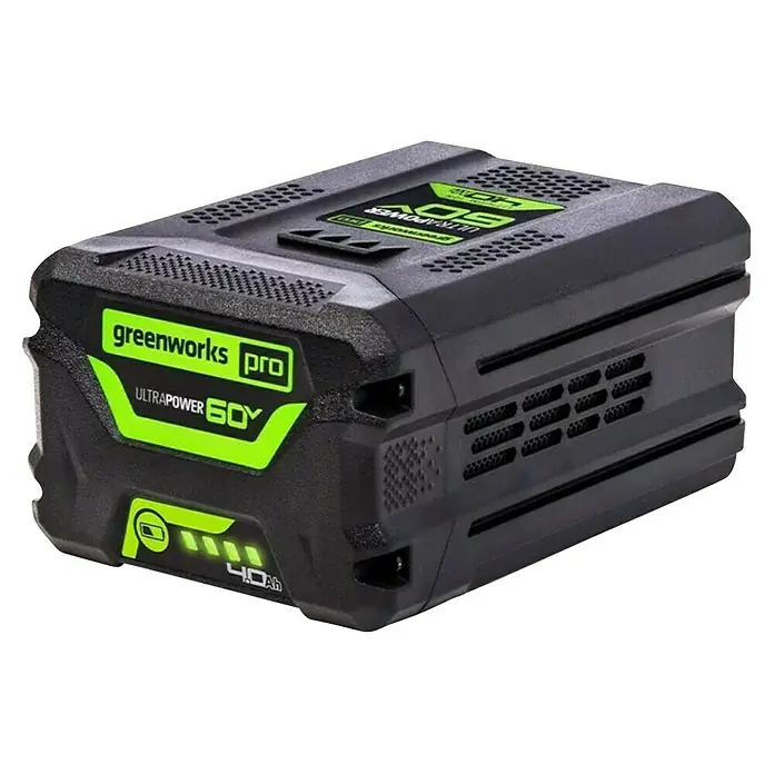 Greenworks 60V Akkusystem Akku-Rasenmäher GD60LM46SP - 60 V, 1 Akku, 4 Ah, Schnittbreite: 46 cm - Das Bild zeigt einen Greenworks Pro 60V Akku. Der Akku ist schwarz und hat grüne Akzente mit der Aufschrift "Greenworks Pro".