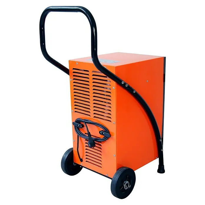Atika Bautrockner ALE 300 N - Entfeuchtungsleistung: 30 l/Tag, Raumgröße: 7 m² - 50 m² - Orangefarbener Luftentfeuchter mit Rädern und schwarzem Griff zur einfachen Bewegung und Feuchtigkeitskontrolle in Räumen.