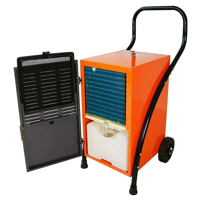 Atika Bautrockner ALE 300 N - Entfeuchtungsleistung: 30 l/Tag, Raumgröße: 7 m² - 50 m² - Ein tragbarer, orangefarbener Luftentfeuchter mit Rollen, Griff und offenem Filterfach für den einfachen Zugang und die Wartung.