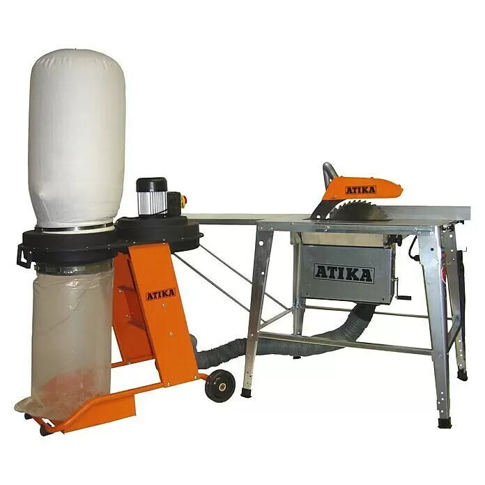 Atika Absauganlage ABS 2000 - 1.150 m³/h, 550 W - Orange-silberne ATIKA Tischsäge mit integrierter Staubabsaugung und weißem Filtersack.