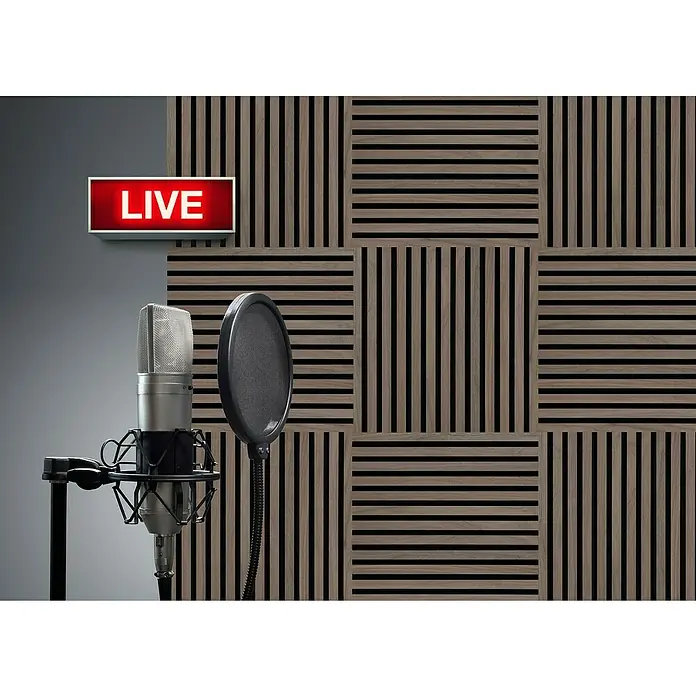 FibroTech Akustikpaneel SQUARE - Walnut, 520 x 520 x 22 mm - Nahaufnahme eines Mikrofons mit Pop-Filter im Studio mit rotem "Live"-Schild.