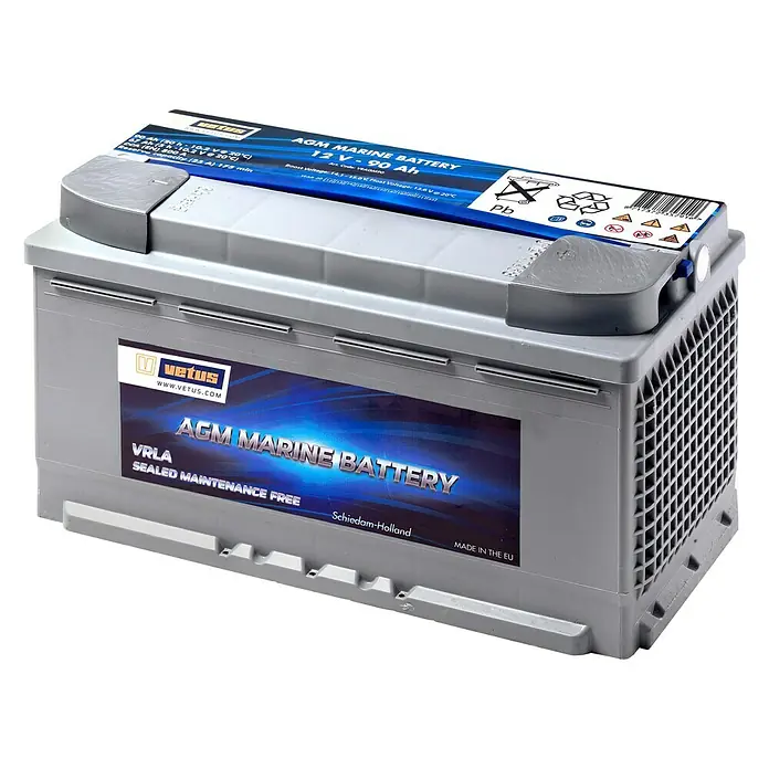 Vetus Bootsbatterie AGM - 90 Ah, 12 V - Abgebildete AGM Marinebatterie 12V-90 Ah von Vetus, eine wartungsfreie und leistungsstarke Batterie für den Einsatz auf dem Wasser.