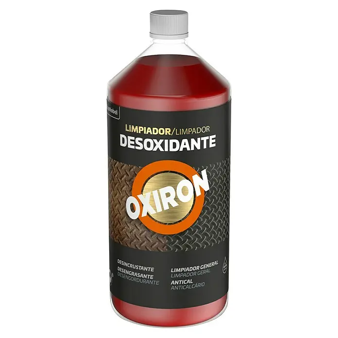 Oxiron Desoxidante y antical - 250 ml - Imagen de una botella de limpiador desincrustante OXIRON con contenido rojo, un tapón gris y una etiqueta con información del producto.
