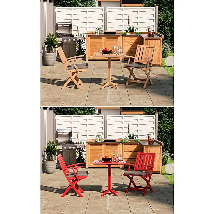swingcolor Buntlack Kunstharz für Außen - Feuerrot, Seidenmatt, 125 ml, Lösemittelbasiert - Gartenset mit Holzmöbeln, bestehend aus Tisch und Stühlen, ideal für entspannte Stunden im Freien.