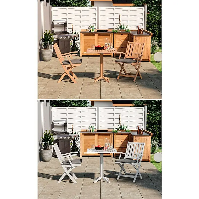 swingcolor Buntlack Kunstharz für Außen - Altweiß, Seidenmatt, 125 ml, Lösemittelbasiert - Outdoor-Szene mit einem stilvollen Holztisch und passenden Stühlen, ideal für entspannte Stunden im Freien. Gartentisch mit Stühlen im Set.