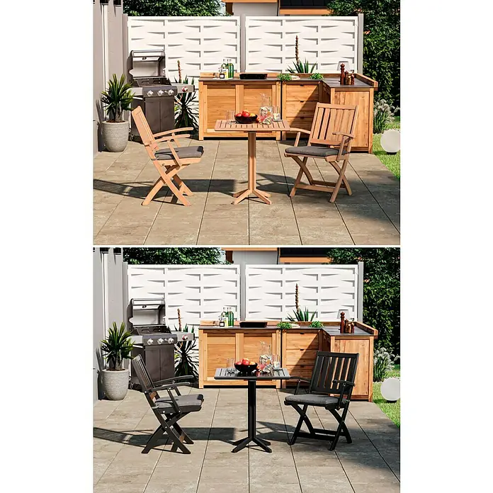 swingcolor Buntlack Kunstharz für Außen - Schwarz, Seidenmatt, 2,5 l, Lösemittelbasiert - Vergleich von Gartenmöbelsets: Holz vs. dunkles Metall. Gartenstühle und Tisch aus verschiedenen Materialien mit Outdoor-Küche im Hintergrund.