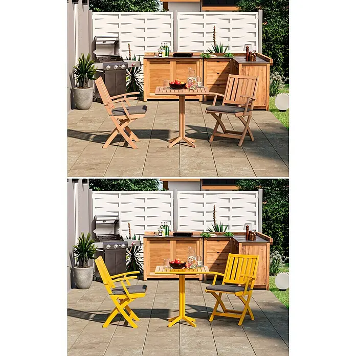 swingcolor Buntlack Kunstharz für Außen - Rapsgelb, Seidenmatt, 125 ml, Lösemittelbasiert - Gartenmöbelset mit gelbem Tisch und Stühlen. Ideal für sonnige Tage im Freien, um entspannt die Zeit zu verbringen.