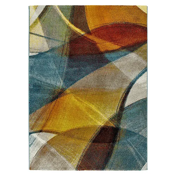 Alfombra de pelo corto Leire - Multicolor, 230 x 160 cm - Pintura abstracta con formas geométricas en cálidos amarillos, rojos y fríos azules, creando un ambiente moderno y artístico.