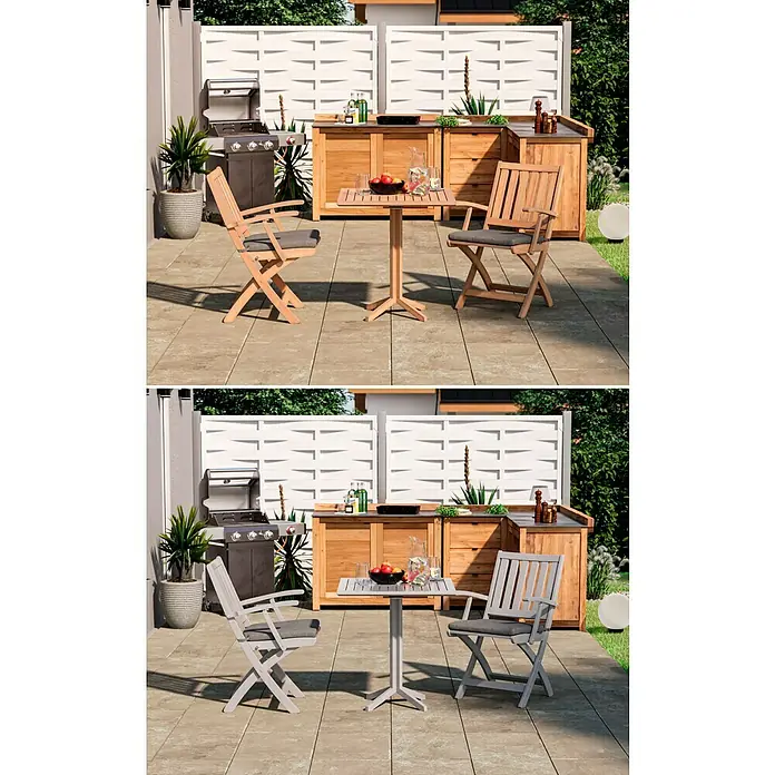 swingcolor Buntlack Kunstharz für Außen - Lichtgrau, Seidenmatt, 2,5 l, Lösemittelbasiert - Gartenset mit einem Tisch und zwei Stühlen. Die Möbel sind aus Holz gefertigt und haben graue Kissen.