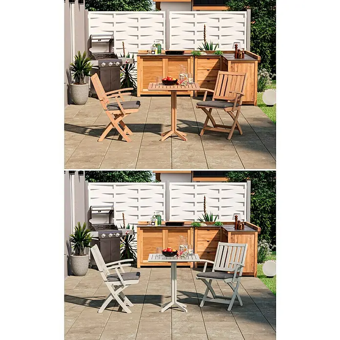 swingcolor Buntlack Kunstharz für Außen - Reinweiß, Seidenmatt, 125 ml, Lösemittelbasiert - Gartenmöbelset mit Holztisch und Stühlen auf einer Terrasse, ideal für entspannte Stunden im Freien. Die hellen Farben passen gut zusammen.