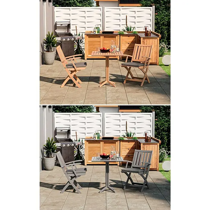 swingcolor Buntlack Kunstharz für Außen - Staubgrau, Seidenmatt, 750 ml, Lösemittelbasiert - Gartenset mit Tisch und Stühlen. Das Set besteht aus einem quadratischen Tisch und zwei Klappstühlen mit grauen Kissen für Komfort.