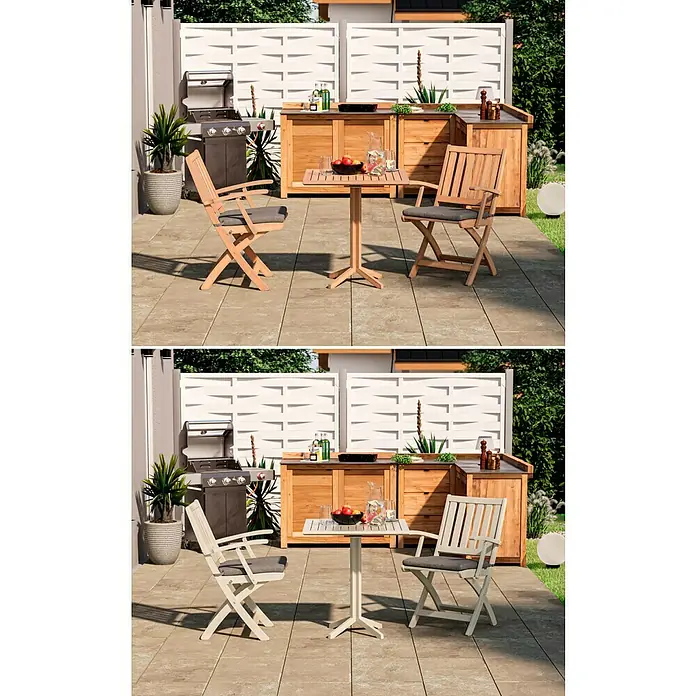 swingcolor Buntlack Kunstharz für Außen - Cremeweiß, Seidenmatt, 750 ml, Lösemittelbasiert - Ein Gartenset mit einem quadratischen Tisch und zwei Klappstühlen aus Holz auf einer Terrasse.