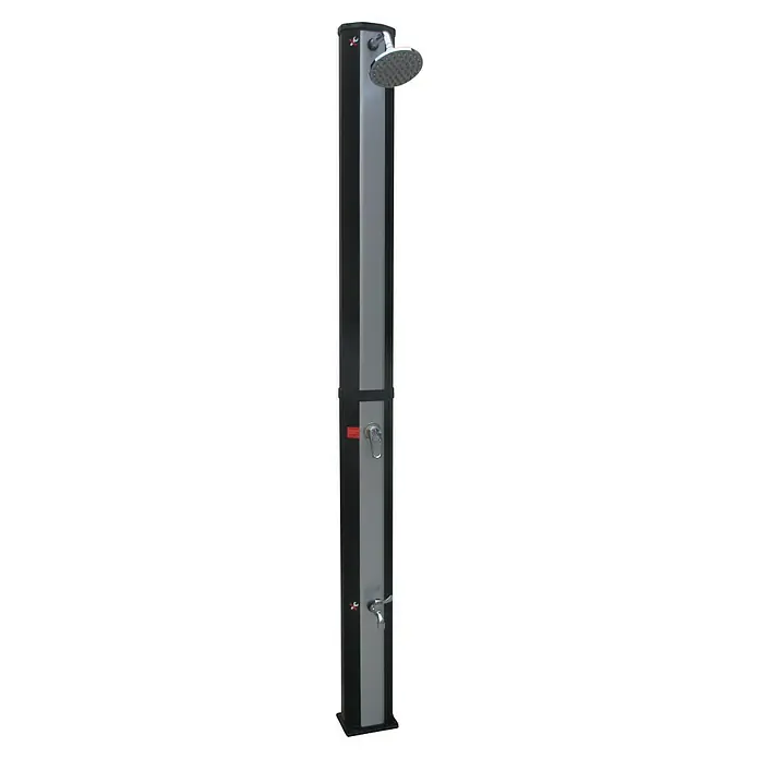 myPool Solardusche - Höhe: 215 cm, Kunststoff, Grau, Schwarz, 35 l - Eine schlanke, moderne Gartendusche mit grauem Mittelteil und schwarzem Rahmen. Der Duschkopf ist groß und rund, perfekt für den Außenbereich.