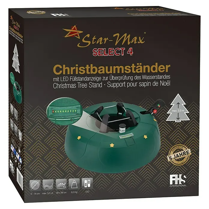 Christbaumständer SELECT 4 - 40 x 10,7 cm, Kunststoff, Rund - Produktverpackung für einen Star-Max Select 4 Christbaumständer mit LED-Füllstandsanzeige und einer Garantie von 5 Jahren.