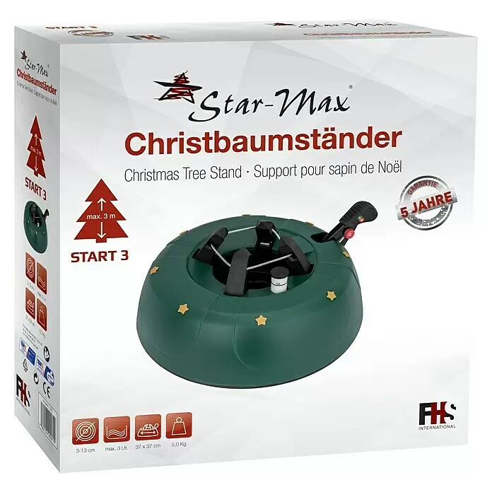 Christbaumständer Start 3 - 37 x 10,5 cm, Kunststoff, Rund, Max_Baumlaenge: 3 Meter (m) - Grüner Christbaumständer in weißer Verpackung, zeigt Kabelmechanismus und Wasserbehälter.