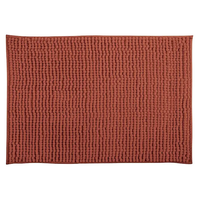 MSV Alfombra de baño Chenille - 60 x 40 cm, Poliéster, Terracota - Primer plano de una alfombra de baño rectangular color coral con un diseño texturizado, ideal para el baño. Aporta comodidad y estilo.