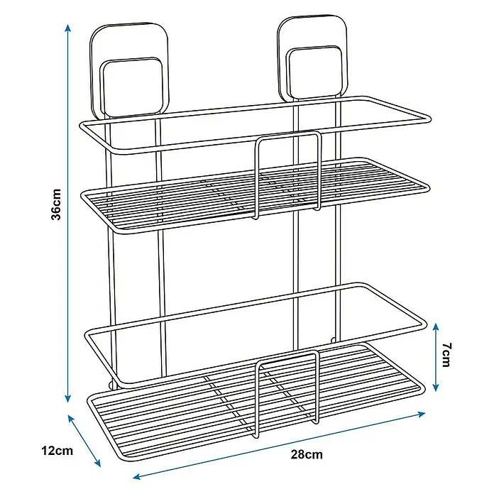 Cesta de baño Legend - 12 x 28 x 36 cm, Acero inoxidable, Cromo - Imagen de un organizador de ducha de tres niveles para guardar productos de baño con ventosas para facilitar el montaje en la pared.