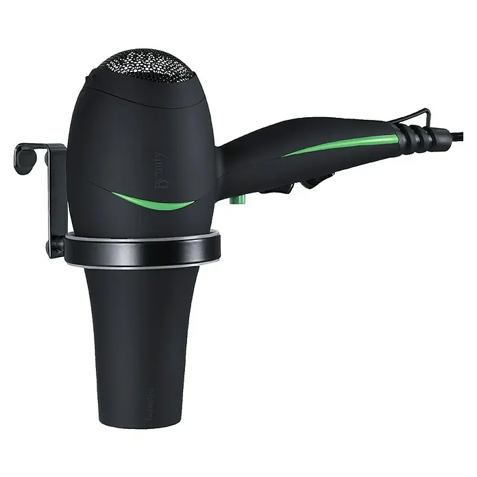 Soporte mural para secador - L x An x Al: 13 x 93 x 7 cm, Diámetro: 93 cm, Acero, Negro - Secador de pelo negro "Beauty" con detalles verdes en un soporte.