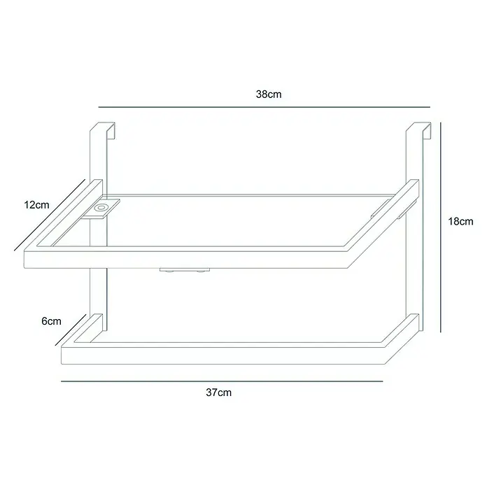 Toallero de barra con repisa - L x An x Al: 145 x 38 x 18 cm, Acero inoxidable, Negro - Dibujo de un estante organizador de dos niveles sobre la puerta con dimensiones, ideal para la organización que ahorra espacio.