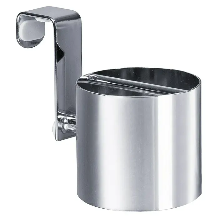 Soporte para plancha de pelo - Acero, Cromo - Foto de un soporte de cepillo de dientes cromado para colgar sobre la puerta. Almacenamiento práctico para el baño con un acabado brillante.