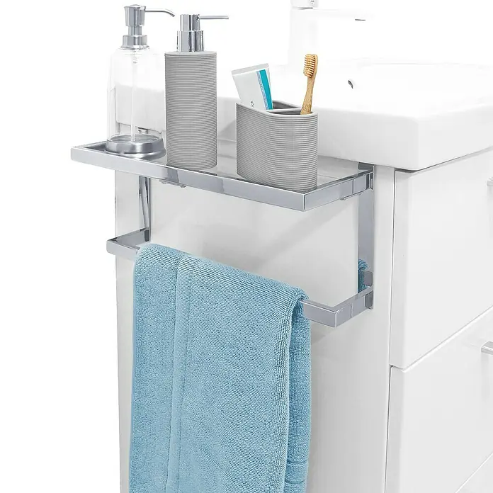 Estante para baño con repisa - L x An x Al: 6 x 37 x 18 cm, Acero inoxidable, Cromo - Organizador de baño con toallero y estante para jabón, cepillo de dientes y otros elementos esenciales de baño. Práctico y elegante.