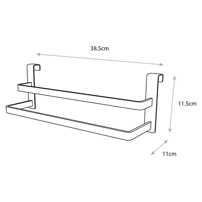 Toallero de gancho para mueble - L x An x Al: 11 x 38,5 x 11,5 cm, Acero inoxidable, Cromo - Imagen de un estante de puerta de metal gris de dos niveles con especificaciones de tamaño.\n