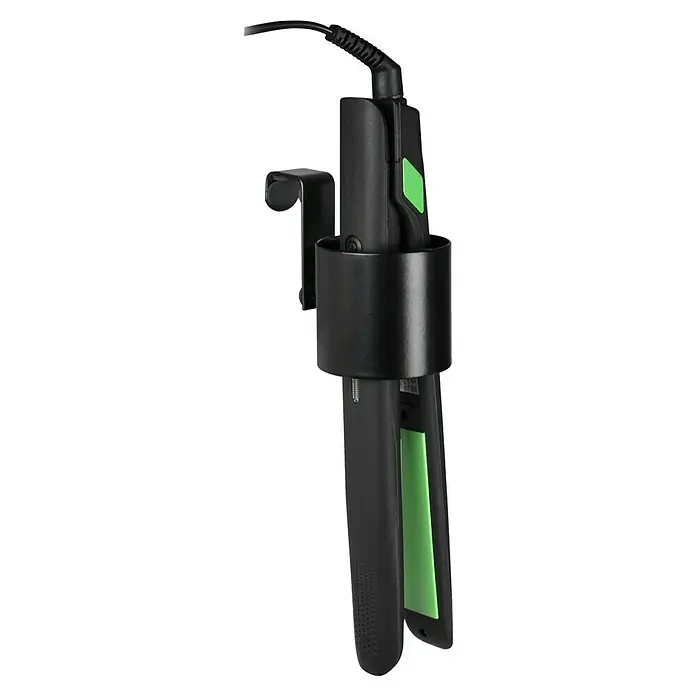 Soporte para plancha de pelo - Acero, Negro - Una plancha de pelo negra con detalles verdes, sujeta en un soporte a juego para una solución de almacenamiento segura y práctica.
