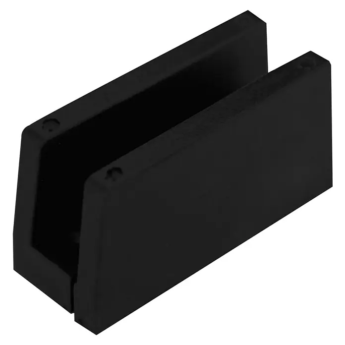 Diamond Doors Black Edition Schiebetür-Komplettset Lines935 x 2.058 mm, Klarglas - Nahaufnahme eines schwarzen U-förmigen Glasregalhalters, der für zusätzlichen Halt und Stabilität bei Glasregalen sorgt.