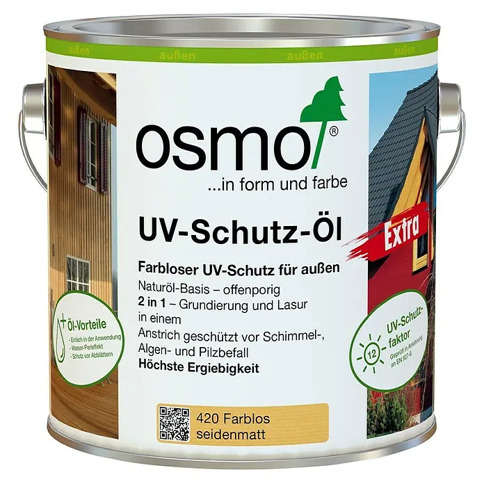 Osmo UV-Schutz-Öl Extra 420 - Farblos, 750 ml, Seidenmatt - Dose Osmo UV-Schutz-Öl für den Außenbereich. Schützt Holzoberflächen vor UV-Strahlung, ist farblos und seidenmatt.