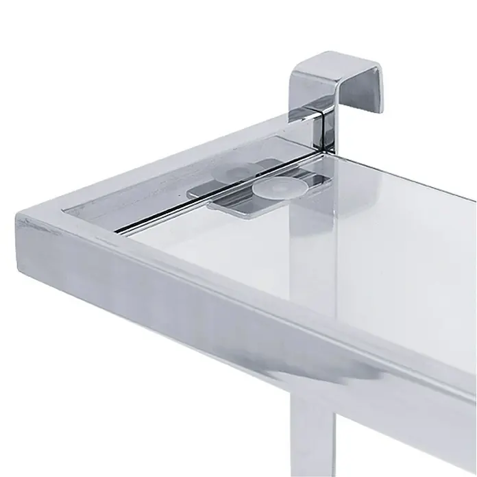 Estante para baño con repisa - L x An x Al: 6 x 37 x 18 cm, Acero inoxidable, Cromo - Primer plano de una estantería cromada de baño con tapa de cristal. Ideal para el almacenamiento en la ducha con un toque de estilo.
