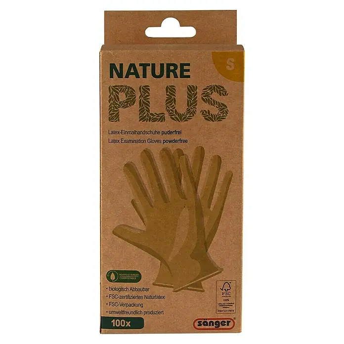 Sänger Einmalhandschuhe Nature Plus - S, Beigebraun, Latex, 100 Stk. - Eine Packung Nature Plus Latex-Einmalhandschuhe, puderfrei, Größe S, biologisch abbaubar und umweltfreundlich produziert.