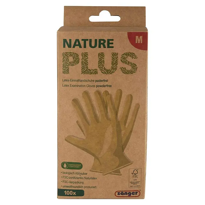 Sänger Einmalhandschuhe Nature Plus - M, Beigebraun, Latex, 100 Stk. - Karton mit puderfreien Nature Plus Latex-Untersuchungshandschuhen in Größe M, biologisch abbaubar und FSC-zertifiziert.