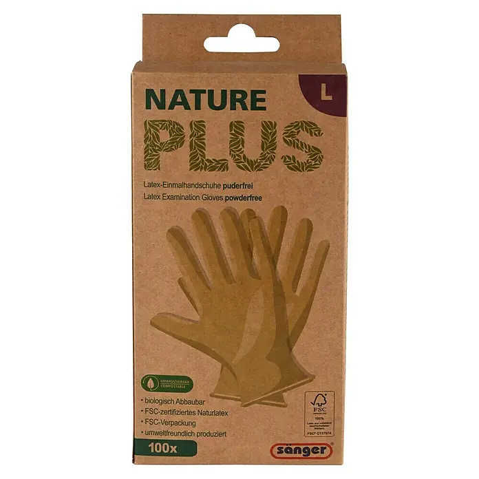 Sänger Einmalhandschuhe Nature Plus - L, Beigebraun, Latex, 100 Stk. - Bild einer Packung puderfreier Latex-Einmalhandschuhe der Marke Sänger Nature Plus in Größe L.