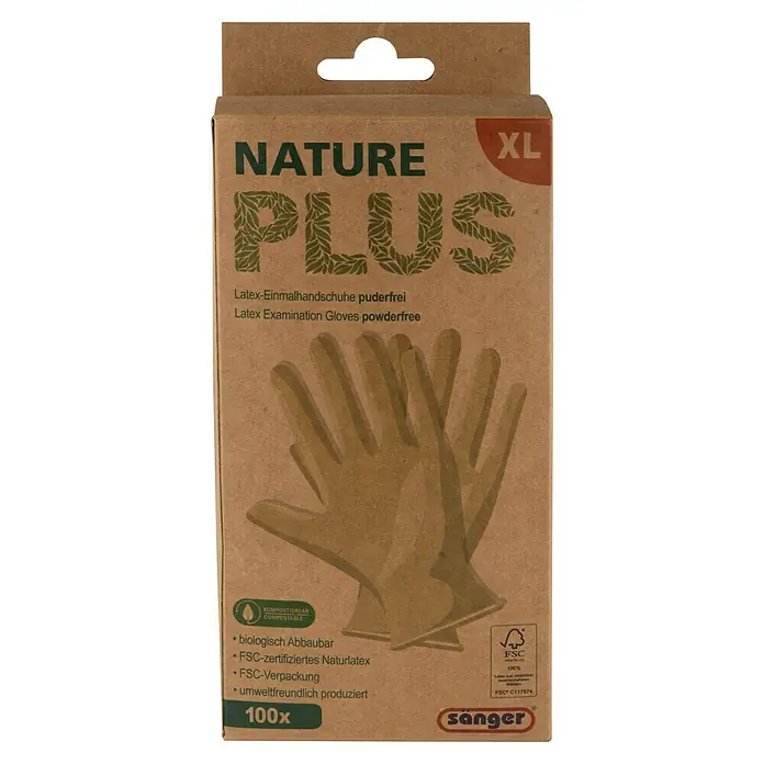 Sänger Einmalhandschuhe Nature Plus - XL, Beigebraun, Latex, 100 Stk. - Karton mit puderfreien Nature Plus Latex-Einmalhandschuhen in XL, biologisch abbaubar und umweltfreundlich produziert.