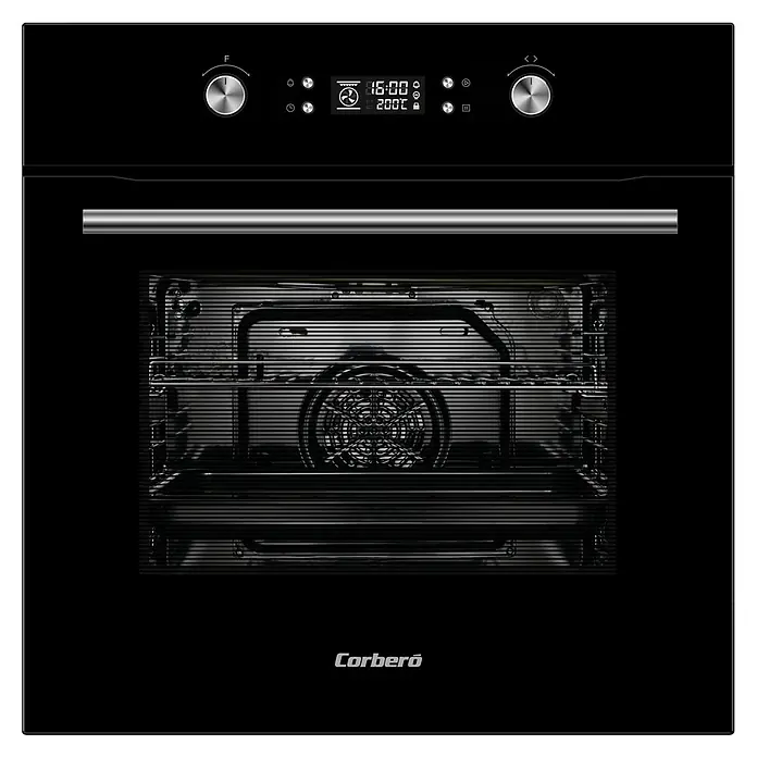Corberó Horno empotrado CCHMP1023N - Número de tipos de calentamiento: 8 ud., Volumen horno: 65 l - Horno negro Corberó con pantalla digital y controles rotativos. El interior del horno es visible e iluminado.