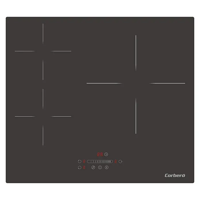 Corberó Placa de cocción CCIM3374SL - An x L: 59 x 52 cm, Número de fogones de inducción: 3 ud. - Esta imagen muestra una placa de inducción Corberó en negro elegante, con cuatro zonas de cocción y un panel de control táctil para un funcionamiento preciso.